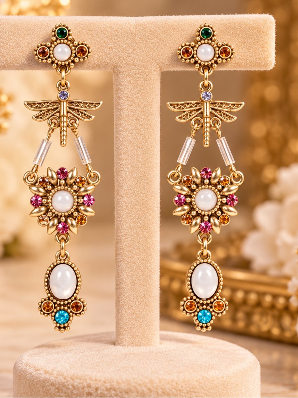Delicate Gold Floral Drop Earrings with Multicolor Gem Accents